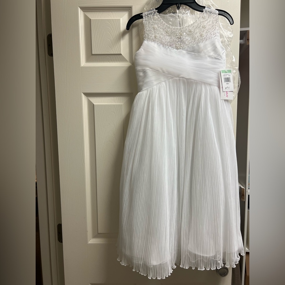 Bonnie Jean White Pleated Formal Dress with Beaded Bodice